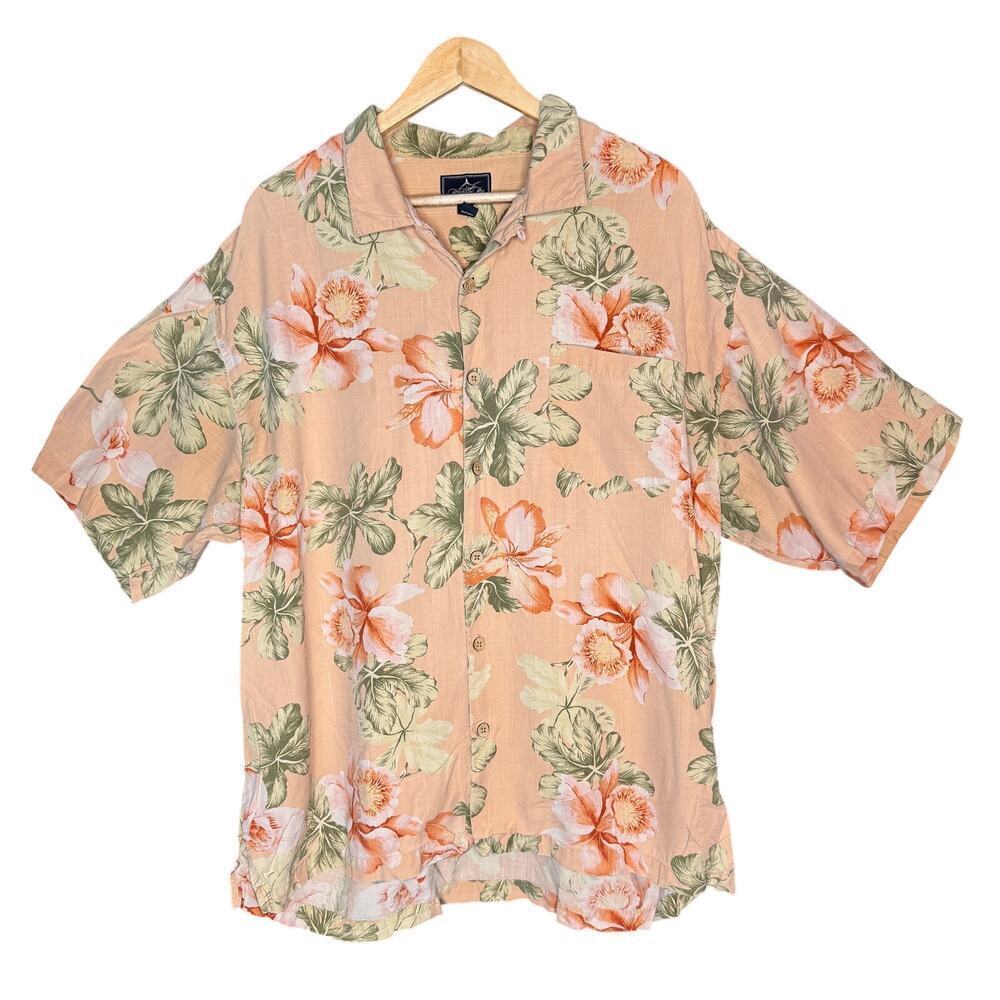 Bermuda Bay Mens sz XXL Silk Peach Floral Hawaiian Shirt Vacation Cruise